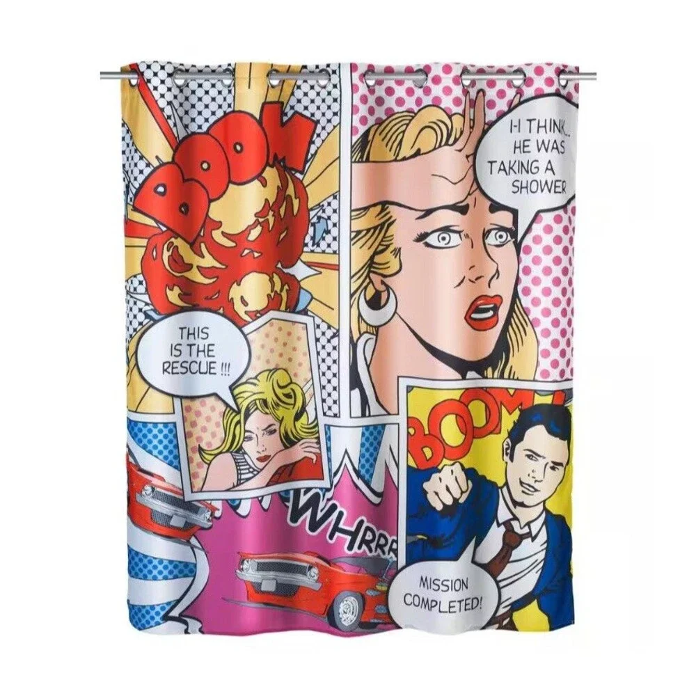 Wenko Pop Art Shower Curtain 78” Cartoon Comic Book Themed Colorful Abstract Art